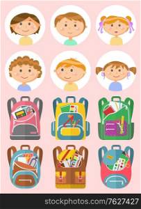Kids portraits. Cute boys and girls cartoon characters. Backpack set full of stationery. Little children. Back to school concept vector illustration. Flat cartoon. School Children Portraits , Backpack Set Vector