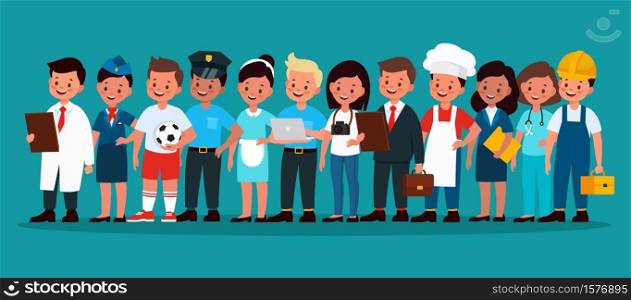 Kids professional group. Children football player, builder and policeman, stewardess, chef and doctor, programmer and photographer in uniform vector flat cartoon concept. Kids professional group. Children football player, builder and policeman, stewardess, chef and doctor, programmer and photographer in uniform vector flat concept