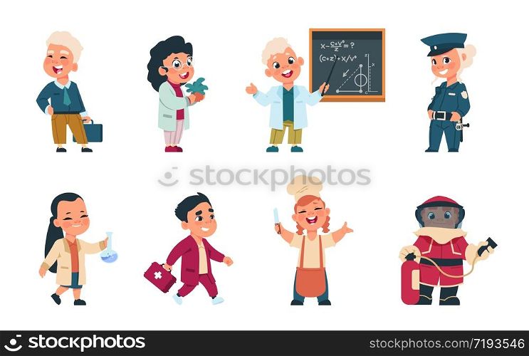 Kids professions. Cartoon cute children dressed in different occupation uniform, businessman worker doctor cook. Vector cute boys and girls playing characters with jobs different occupation. Kids professions. Cartoon cute children dressed in different occupation uniform, businessman worker doctor cook. Vector boys and girls playing characters