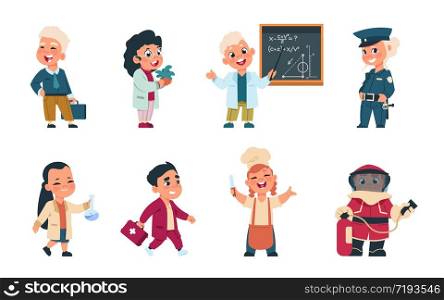 Kids professions. Cartoon cute children dressed in different occupation uniform, businessman worker doctor cook. Vector cute boys and girls playing characters with jobs different occupation. Kids professions. Cartoon cute children dressed in different occupation uniform, businessman worker doctor cook. Vector boys and girls playing characters