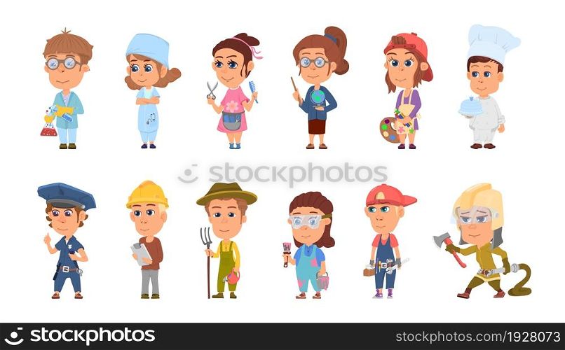 Kids professions. Cartooning science occupation, profession child with book and lab equipment. Children in various industry, decent vector set. Illustration of scientist and doctor, barber and teacher. Kids professions. Cartooning science occupation, profession child with book and lab equipment. Children in various industry, decent vector set