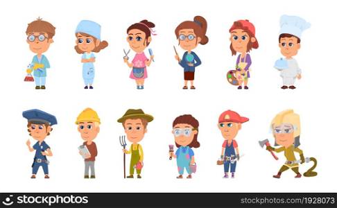 Kids professions. Cartooning science occupation, profession child with book and lab equipment. Children in various industry, decent vector set. Illustration of scientist and doctor, barber and teacher. Kids professions. Cartooning science occupation, profession child with book and lab equipment. Children in various industry, decent vector set