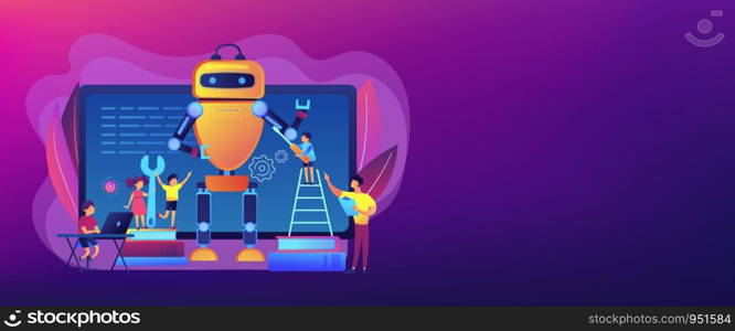 Kids programming and creating robot at class, tiny people. Engineering for kids, learn science activities, early development classes concept. Header or footer banner template with copy space.. Engineering for kids concept banner header.