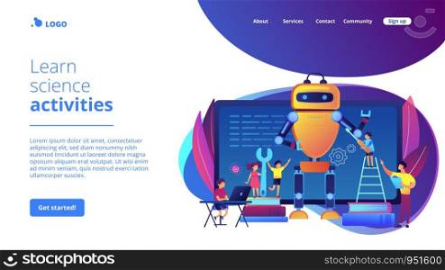 Kids programming and creating robot at class, tiny people. Engineering for kids, learn science activities, early development classes concept. Website homepage landing web page template.. Engineering for kids concept landing page.