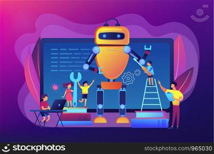 Kids programming and creating robot at class, tiny people. Engineering for kids, learn science activities, early development classes concept. Bright vibrant violet vector isolated illustration. Engineering for kids concept vector illustration.