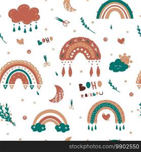 Kids rainbow pattern. Seamless baby illustration with cute clouds sun and rainbows in boho style. Decor textile, wrapping paper, wallpaper. Vector childish abstract endless texture on white background. Kids rainbow pattern. Seamless baby illustration with cute clouds sun and rainbows in boho style. Decor textile, wrapping, wallpaper. Vector childish abstract texture on white background