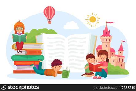 Kids read book. Boys and girls reading children literature. Cute characters imagining medieval castle with flying hot air balloon. Cartoon friends reading fairy tale or legend vector illustration. Kids read book. Boys and girls reading children literature. Cute characters imagining medieval castle with flying hot air balloon