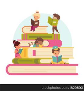 Kids read books. Tiny cute children with big stack of books, training and education, pupils read together, getting knowledge, entertainment literature. Boys and girls in library. Vector concept. Kids read books. Tiny cute children with big stack of books, training and education, pupils read together, getting knowledge, entertainment literature in library. Vector concept