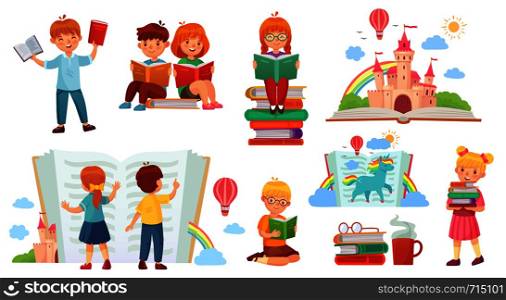 Kids reading book. Cartoon child library, happy kid read books and book stack. Sitting childs adorable learning or education kids character. Isolated vector illustration icons set. Kids reading book. Cartoon child library, happy kid read books and book stack isolated vector illustration