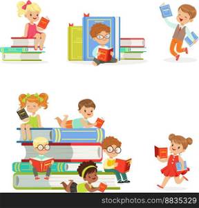 Kids reading books and enjoying literature set vector image