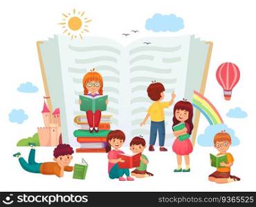 Kids reading books. Children in group enjoying literature, loving to read. Boys and girls learning or studying, getting knowledge next to big open hardback book. Education concept flat vector. Kids reading books. Children in group enjoying literature, loving to read. Boys and girls learning or studying