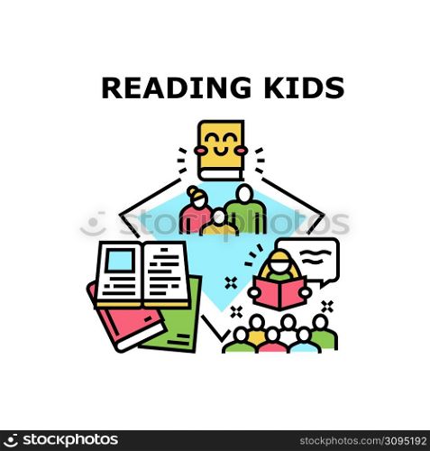 Kids Reading Vector Icon Concept. Parents, Kindergarten Or School Educator For Kids Reading Educational Book Or Fairy Tale. Children Listening And Enjoying Literature Story Color Illustration. Kids Reading Vector Concept Color Illustration