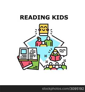 Kids Reading Vector Icon Concept. Parents, Kindergarten Or School Educator For Kids Reading Educational Book Or Fairy Tale. Children Listening And Enjoying Literature Story Color Illustration. Kids Reading Vector Concept Color Illustration