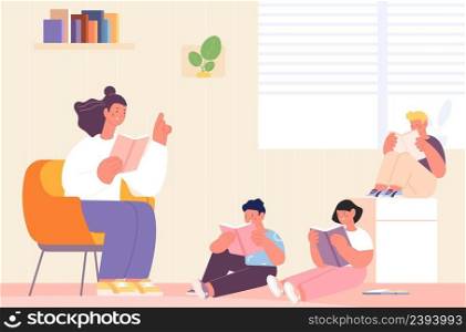 Kids reading with teacher. Home kindergarten or school lesson. Nanny with children at living room. Mother, boys and girls at evening together, vector scene. Illustration of kindergarten education. Kids reading with teacher. Home kindergarten or school lesson. Nanny with children at living room. Mother, boys and girls at evening together, vector scene
