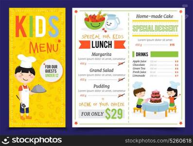 Kids Restaurant Menu Design. Kids cooking illustration menu with flat artwork doodle style children cook characters and editable menu items vector illustration
