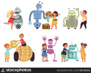 Kids robot programming. Toy robots coding, child with electronic characters. Cartoon friends, children interesting hobby vector set. Children engineering robot, smart character study illustration. Kids robot programming. Toy robots coding, child with electronic characters. Cartoon friends, children interesting hobby decent vector set