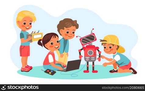 Kids robotics project. Little engineers, boys and girls programming robot, childish amateur radio club, young programmers, clever babies play with androids, vector cartoon flat style isolated concept. Kids robotics project. Little engineers, boys and girls programming robot, childish amateur radio club, young programmers, babies play with androids, vector cartoon flat isolated concept