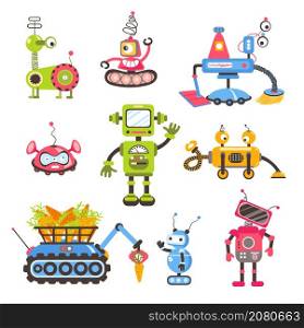 Kids robots. Funny colorful baby mechanic toys, electronic futuristic cyborgs characters, android mascots, cartoon style different childish bots, happy comic cute friendly machine, vector isolated set. Kids robots. Funny colorful baby mechanic toys, electronic futuristic cyborgs characters, android mascots, cartoon style different childish bots, happy comic machine, vector isolated set