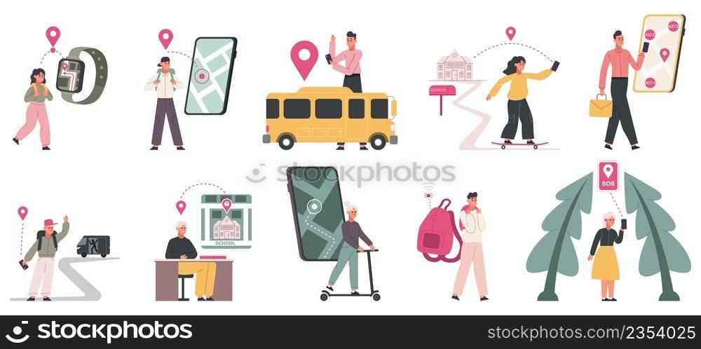 Kids safety technologies, smartwatch, geolocation tracker app. Child security technology, kids gps geolocation vector illustration set. Children tracking system gadget, mobile touch app. Kids safety technologies, smartwatch, geolocation tracker app. Child security technology, kids gps geolocation vector illustration set. Children tracking system