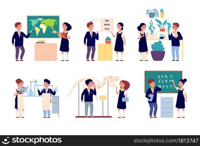 Kids school lesson. Children study, boy girl in uniform. Happy smart students, cartoon chemistry experiment, geography studying vector set. Chemistry and botany, language and geography illustration. Kids school lesson. Children study, boy girl in uniform. Happy smart students, cartoon chemistry experiment, geography studying vector set