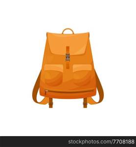 Kids schoolbag isolated vector icon, cartoon rucksack of orange color, student or hiking backpack, touristic knapsack or school bag on white background. Kids schoolbag isolated icon, orange rucksack