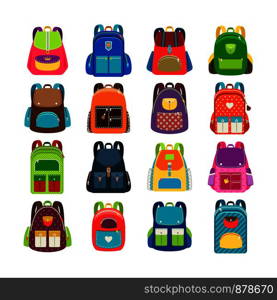 Kids schoolbag set isolated on white background. Children colored cartoon backpacks for school study vector illustration. Kids cartoon schoolbag set