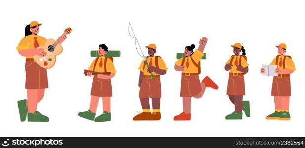 Kids scouts in uniform and woman teacher with guitar isolated on white background. Vector flat illustration of hiking kids in summer c&, boys and girls with backpacks, firewood, map and fishing rod. Kids scouts in uniform and woman teacher
