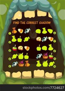 Kids shadow matching game with halloween treats. Children puzzle riddle, child game vector page or playing activity with find correct shadow task. Spooky candy, jelly and cookies, muffin, apple. Kids shadow matching game with halloween treats