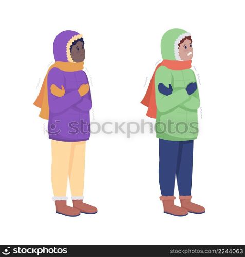 Kids shaking from cold semi flat color vector character set. Standing figure. Full body people on white. Freeze isolated modern cartoon style illustration for graphic design and animation collection. Kids shaking from cold semi flat color vector character set