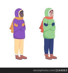 Kids shaking from cold semi flat color vector character set. Standing figure. Full body people on white. Freeze isolated modern cartoon style illustration for graphic design and animation collection. Kids shaking from cold semi flat color vector character set
