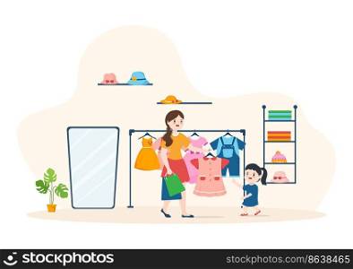 Kids Shop Building Template Hand Drawn Cartoon Flat Style Illustration with Children Equipment such as Clothes or Toys for Shopping Concept