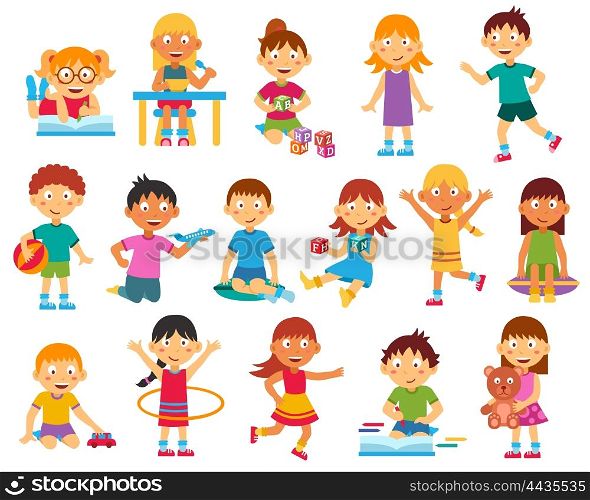 Kids silhouettes set. Happy kids playing reading and running flat silhouettes set isolated vector illustration