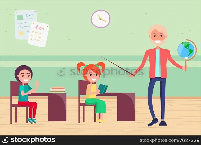 Kids sitting by desk listening to teacher vector, man holding globe showing continents and oceans. School education elementary learning subjects lesson. Back to school concept. Flat cartoon. Elementary School for Kids, Learning Geography
