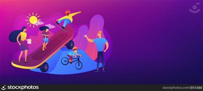 Kids skateboarding and riding a bike in skate park and trainers, tiny people. Extreme camp, summer extreme sports, kids extreme program concept. Header or footer banner template with copy space.. Extreme camp concept banner header.
