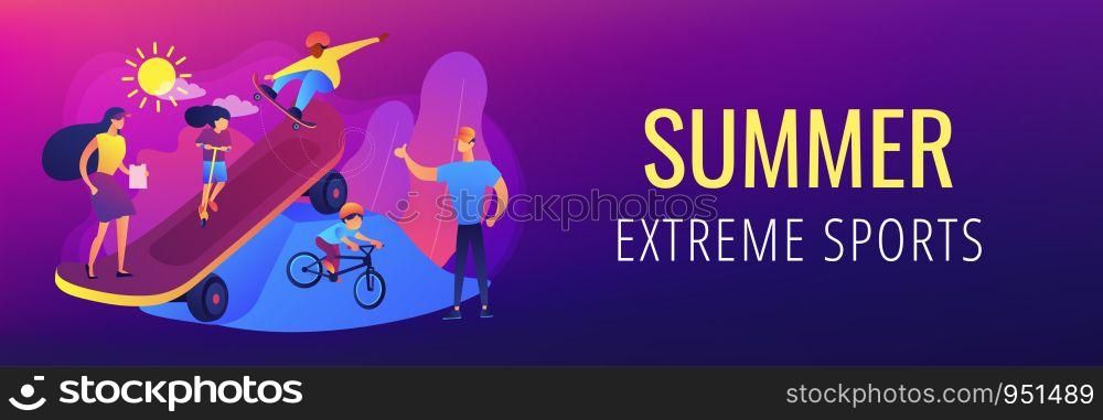 Kids skateboarding and riding a bike in skate park and trainers, tiny people. Extreme camp, summer extreme sports, kids extreme program concept. Header or footer banner template with copy space.. Extreme camp concept banner header.