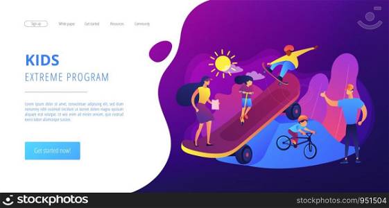 Kids skateboarding and riding a bike in skate park and trainers, tiny people. Extreme camp, summer extreme sports, kids extreme program concept. Website homepage landing web page template.. Extreme camp concept landing page.