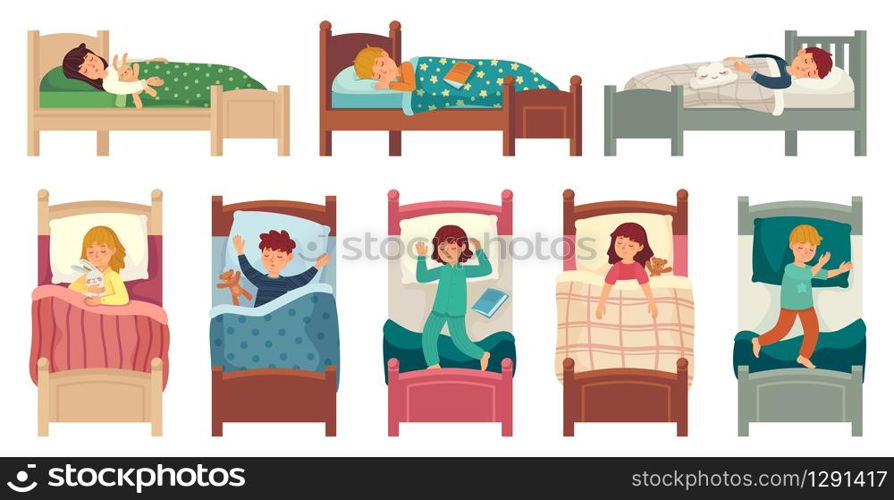 Kids sleeping in beds. Child sleeps in bed on pillow, young boy and girl asleep. Bedtime vector illustration set kids boy and girl, teen various sleeping pose in bed, lying and relax. Kids sleeping in beds. Child sleeps in bed on pillow, young boy and girl asleep. Bedtime vector illustration set