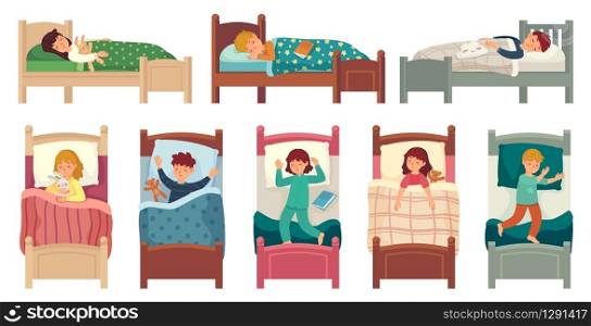 Kids sleeping in beds. Child sleeps in bed on pillow, young boy and girl asleep. Bedtime vector illustration set kids boy and girl, teen various sleeping pose in bed, lying and relax. Kids sleeping in beds. Child sleeps in bed on pillow, young boy and girl asleep. Bedtime vector illustration set