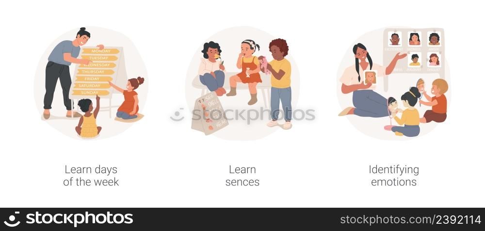 Kids social and emotional skills isolated cartoon vector illustration set. Learn days of the week, learn sences, identifying emotions, early education in daycare, kindergarten vector cartoon.. Kids social and emotional skills isolated cartoon vector illustration set.