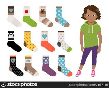 Kids socks for girls for daily wear and spots vector set. Kids socks for girls