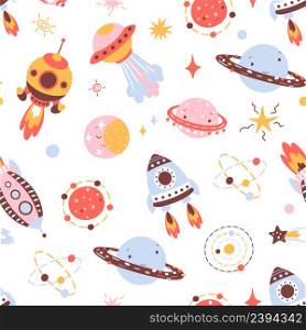 Kids space seamless pattern. Scandinavian universe kids background, ships and planets. Cartoon stars, comets and cosmos elements, nowaday vector fabric print. Illustration of space seamless background. Kids space seamless pattern. Scandinavian universe kids background, ships and planets. Cartoon stars, comets and cosmos elements, nowaday vector fabric print