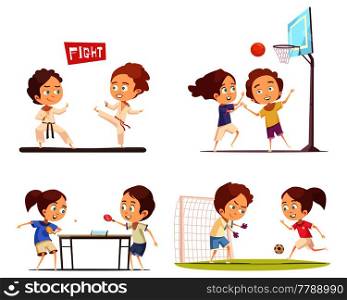 Kids sport 2x2 flat design concept with funny children playing table tennis football basketball and engaged in karate vector illustration . Kids Sport 2x2 Design Concept