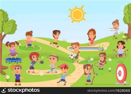 Kids sport activities in park. Sports child, healthy children on playground. Outdoor athletics play, cartoon girl jumping decent vector scene. Illustraton of park outdoor, play in sport boy and girl. Kids sport activities in park. Sports child, healthy children on playground. Outdoor athletics play, cartoon girl jumping decent vector scene