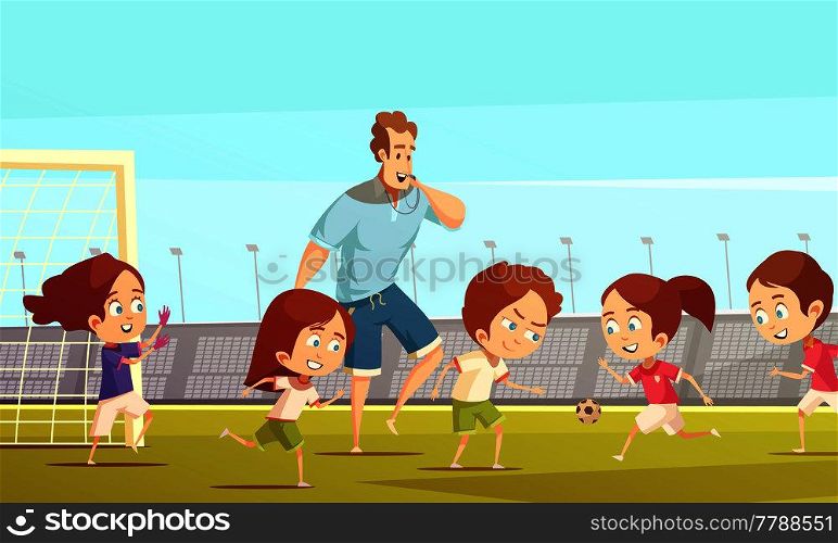Kids sport cartoon vector illustration with soccer team playing on football field of stadium under coach management . Kids Sport Cartoon Vector Illustration