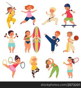 Kids sport characters. Happy kid play, children activities exercises. School boy playing football, isolated funny active decent vector set. Sport girl boy, character activity exercise illustration. Kids sport characters. Happy kid play, children activities exercises. School boy playing football, isolated funny active decent vector set