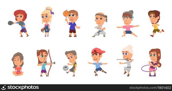 Kids sport characters. Student training, football player and fun team activity. Cartoon children athletes, funny exercise decent vector set. Illustration sport student activity, soccer and run. Kids sport characters. Student training, football player and fun team activity. Cartoon children athletes, isolated funny exercise decent vector set