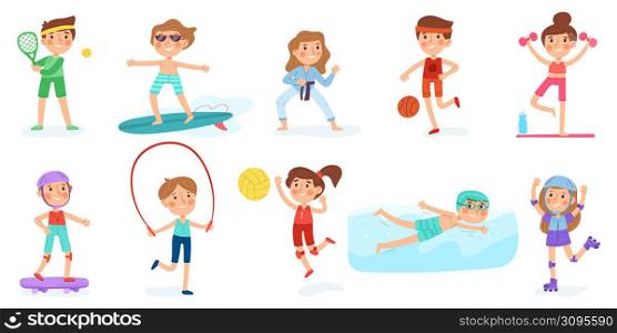 Kids sport exercise, children workout, boy and girl fitness characters. Children playing sports, swimming and tennis vector illustration set. Kids fitness mascots and sport activity lifestyle. Kids sport exercise, children workout, boy and girl fitness characters. Children playing sports, swimming and tennis vector illustration set. Kids fitness mascots