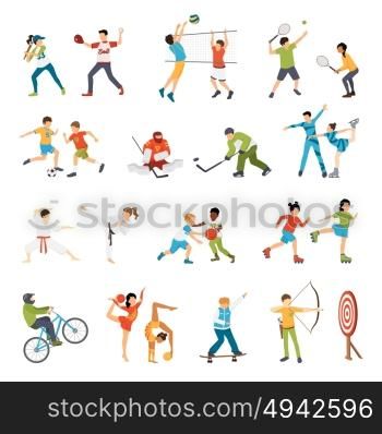Kids Sport Icons Set. Flat icons set of kids doing different types of sports from football to archery isolated vector illustration