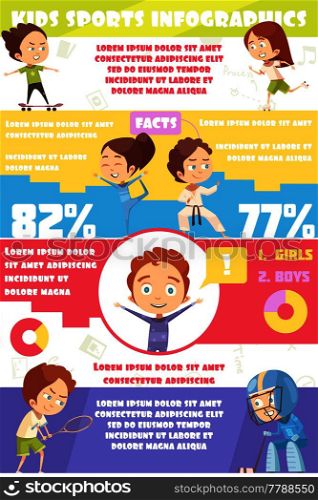 Kids sport infographics template with employment statistics for girls and boys in various sports flat vector illustration. Kids Sport Infographics