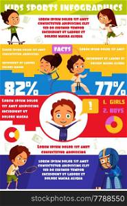 Kids sport infographics template with employment statistics for girls and boys in various sports flat vector illustration. Kids Sport Infographics